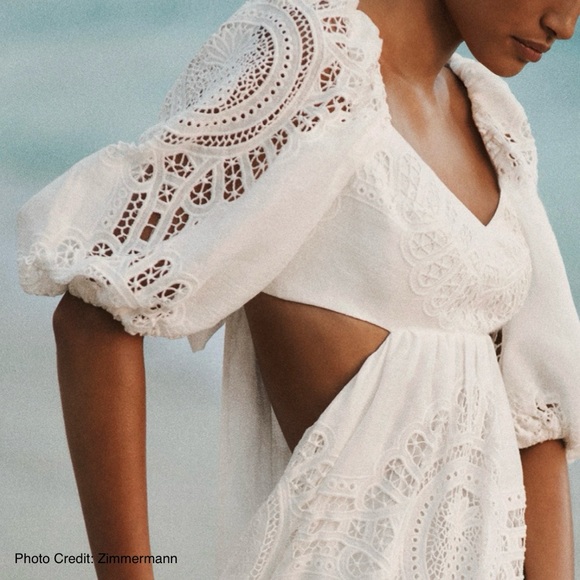 Zimmermann Vacay Lace & Eyelet Asymmetrical Open Back Mini Dress Size AU 1 US 6